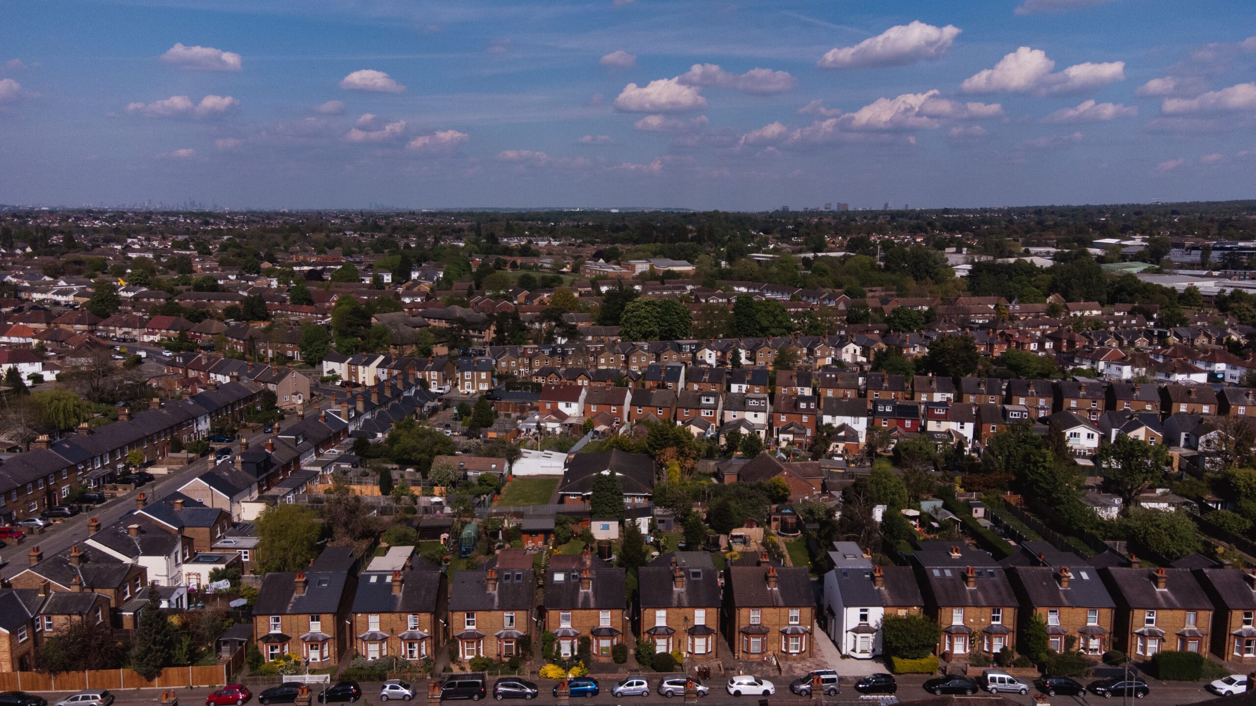 An aerial view of a residential area in Surrey, England